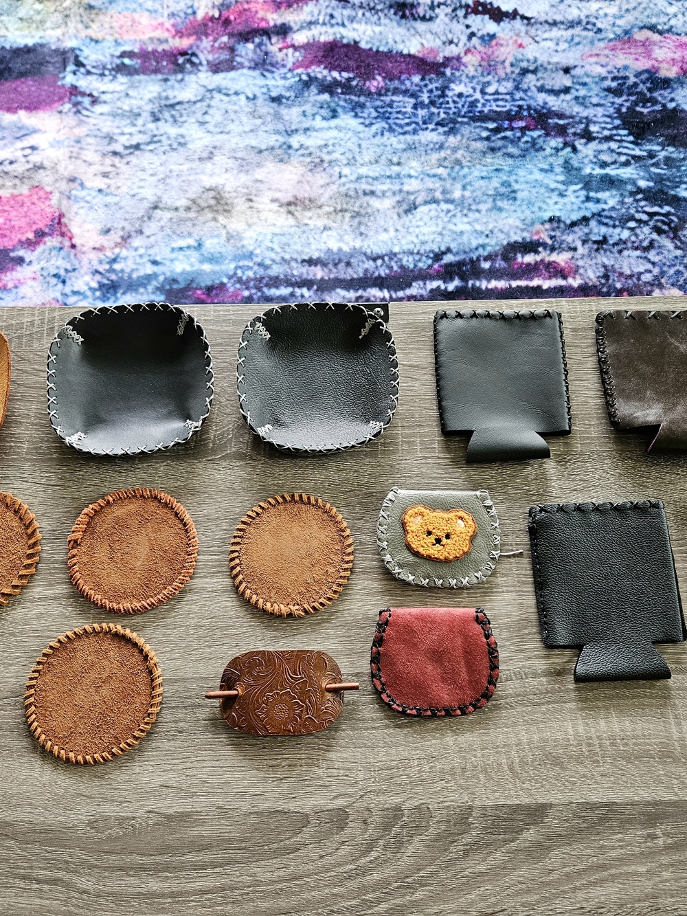 Handcrafted Leather & Suede Accessory Set — Brown, Black, Red